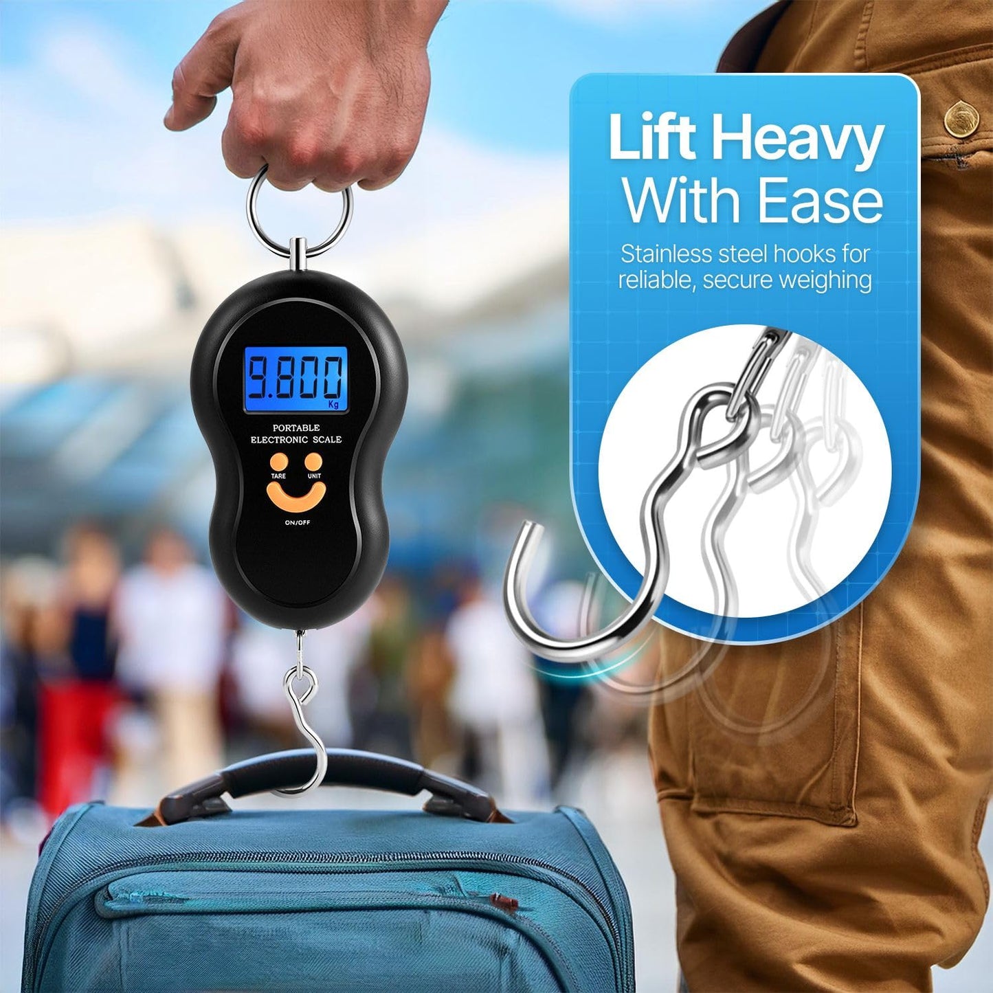 Flexzion Portable Luggage Weight Scale - 110lb/50kg Weight Capacity Luggage Scale Travel Digital with Backlit LCD Display, Handle, & Hook for Bags & Fishing - AAA Batteries Included