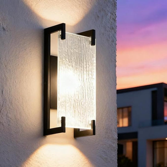 Alighting Modern Black LED Outdoor Wall Sconce – Waterproof Exterior Lighting Fixture with Rippled Glass, 12W 3000K Warm White Outdoor Porch Light for House, Garage, Patio, Garden
