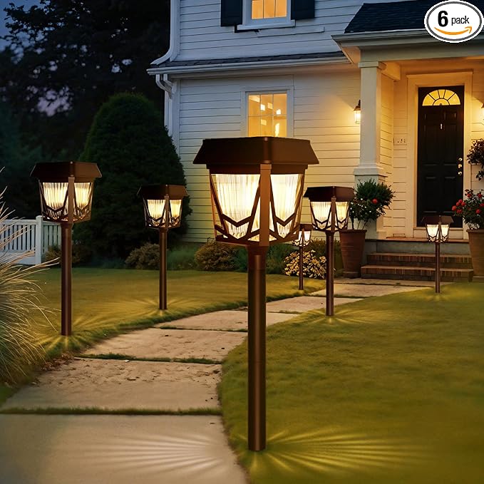 Solar Pathway Lights Outdoor, 6 Pack IP66 Waterproof Garden Solar Lights, 1500mAh Auto On/Off Yard Landscape Walkway Lighting, Brown