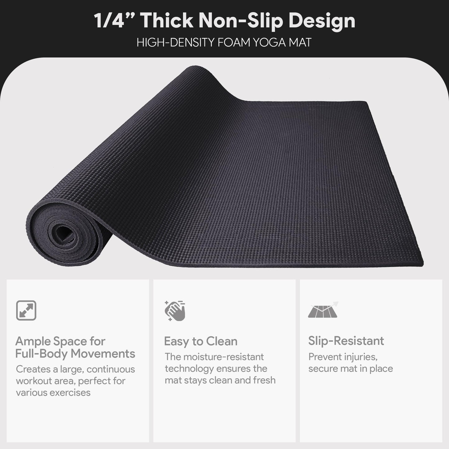 Fitvids All-Purpose 1/4-Inch High Density Anti-Tear Exercise Yoga Mat with Carrying Strap, Black
