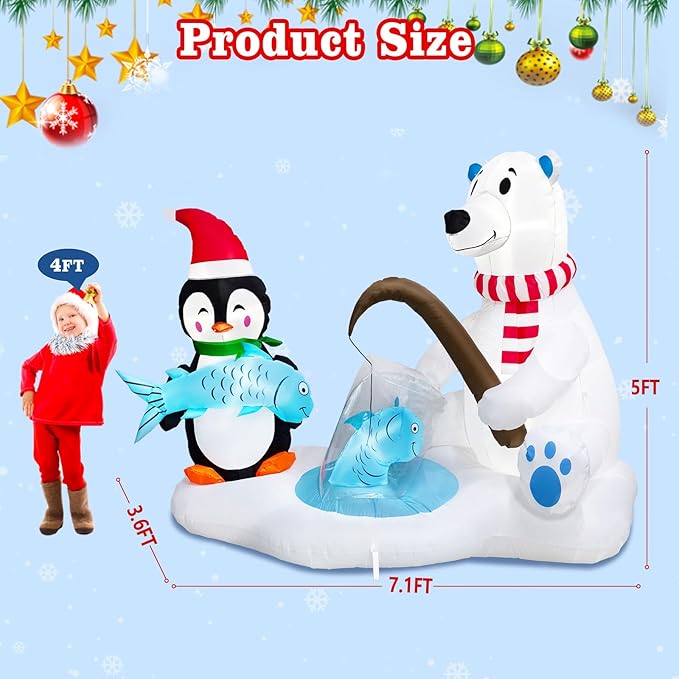 7.1FT Christmas Inflatable Polar Bear & Penguin Fishing Decoration, Christmas Blow Up Penguin Wear Scarf & Santa Hat and Polar Bear Inflatable Built-in 5 LED for Christmas Inflatables Outdoor