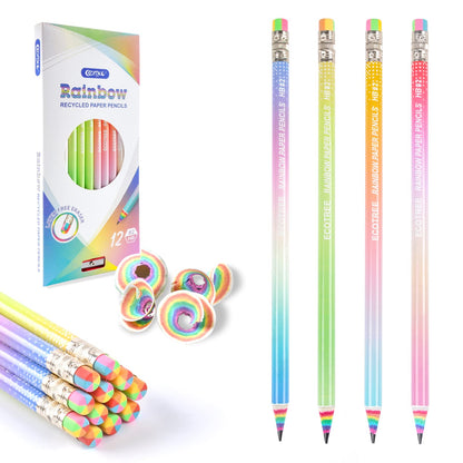 ECOTREE Pre-sharpened Pencils #2 Eco Rainbow Paper Pencil Cute Pencils for Kids Number 2 Pencil with Erasers for School, Writing, 12 Count