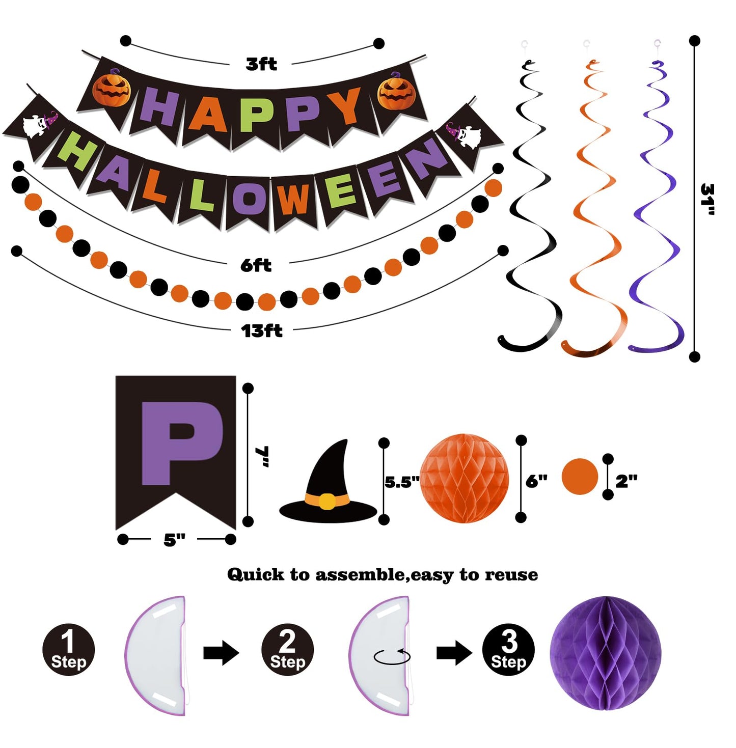 meowtastic Happy Halloween Banner Decorations - Halloween Banner with Honeycomb Ball, Hanging Swirl Streamer, Circle Dot Garland Decorations for theme Party Decorations