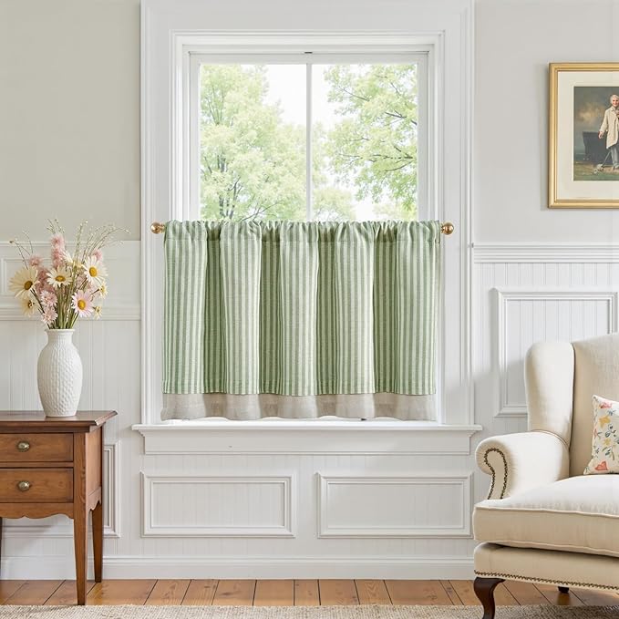 jinchan Double Layer Striped Linen Kitchen Tier Curtain Rustic Cafe for Living Room Bathroom Half Window Curtain Light Filtering Rod Pocket 1 Panel 24 Inch Sage Green