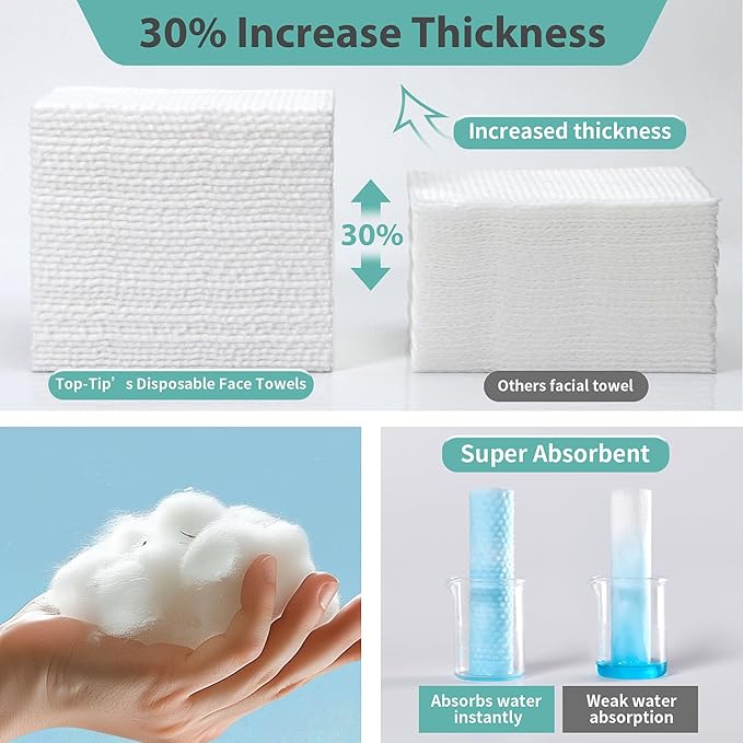 100% Pure Cotton Disposable Face Towel, 2 Pack Soft & Skin Friendly Face