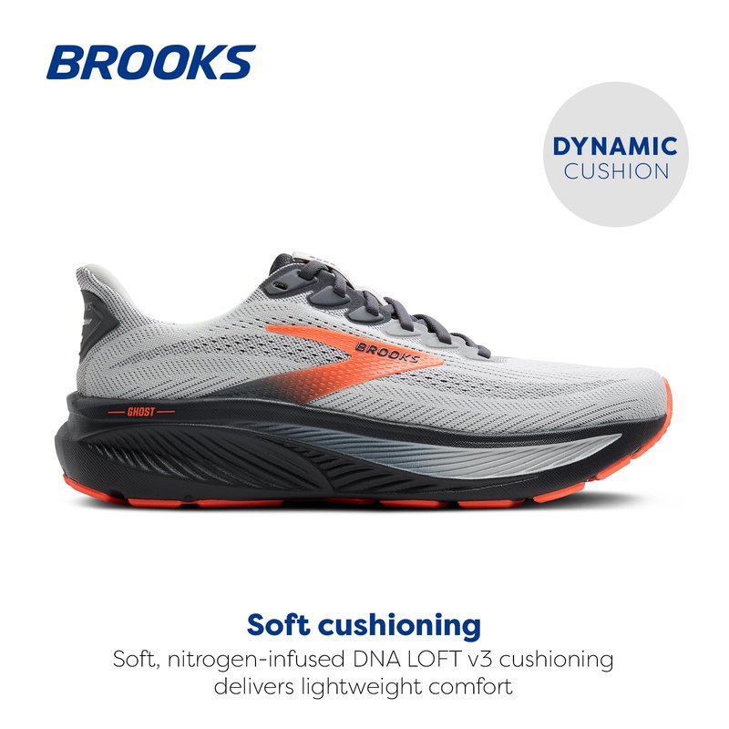 Brooks Men’s Ghost 17 Neutral Running Shoe - Oyster Mushroom/Orange/Ebony - 9.5 Medium