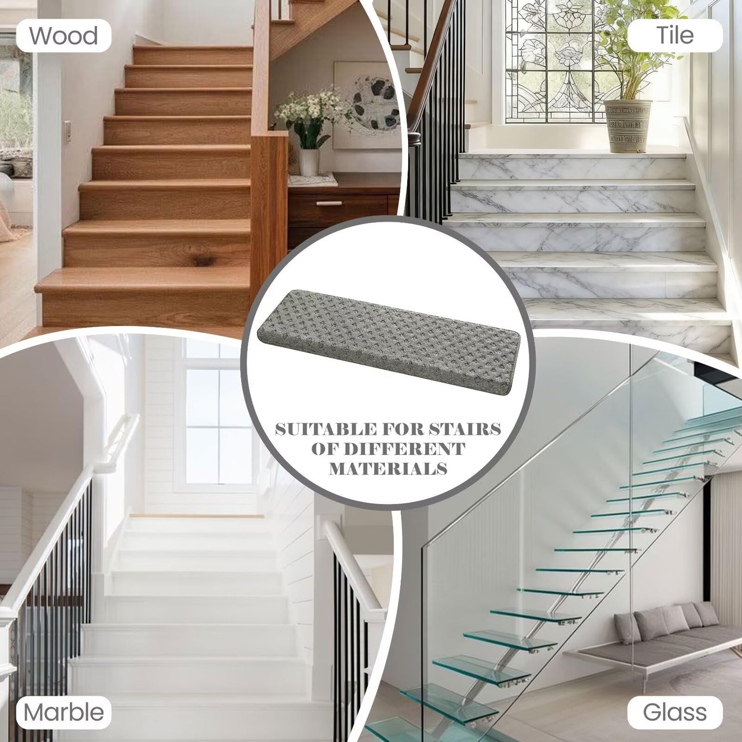 DEXDE Bullnose Carpet Stair Treads Non Slip for Wooden Steps Indoor, 30" x 9.5" x 1.7" (14 Pack) Grey - Peel and Stick Stair Runner Rugs with Edge Protection, Washable & Reusable Pet Friendly Mats