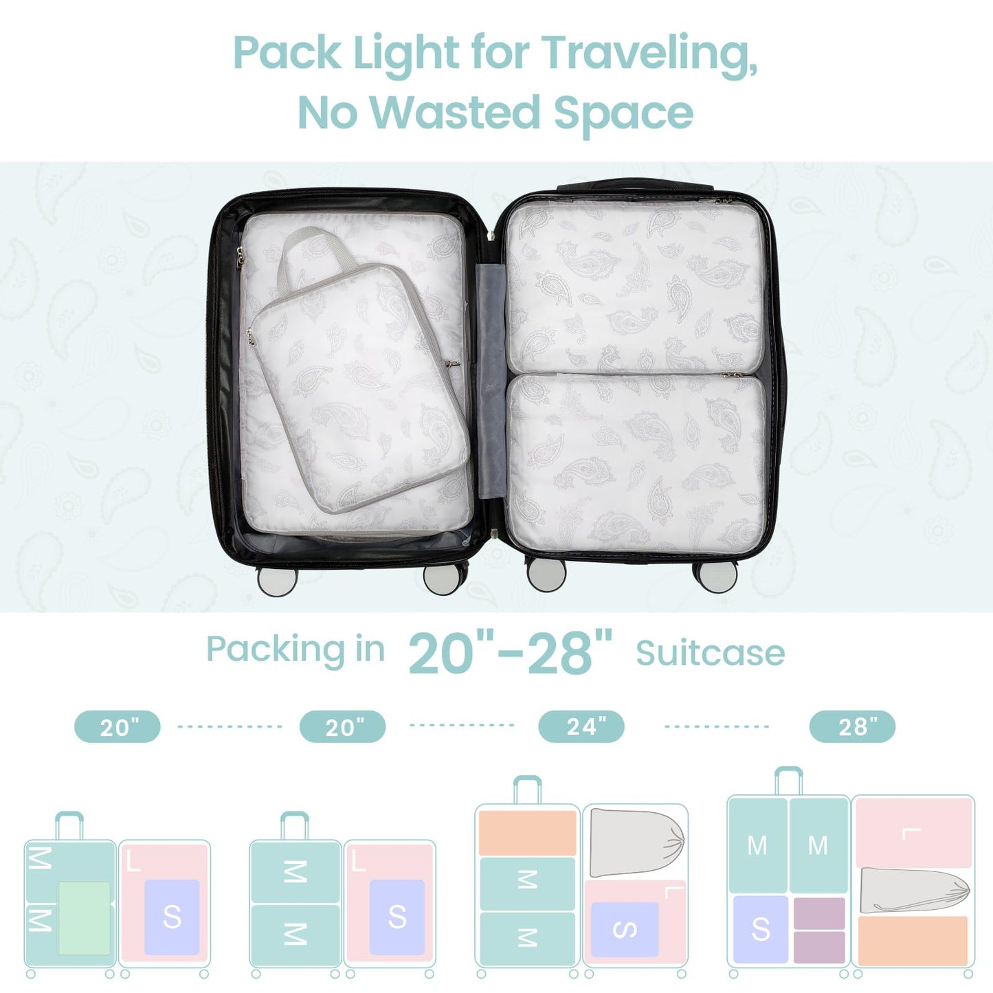 Cambond Compression Packing Cubes for Travel, 5 Pack Luggage Expandable Packing Organizers Compression Cubes for Suitcases with Laundry Bag, White Teardrop-shaped Texture