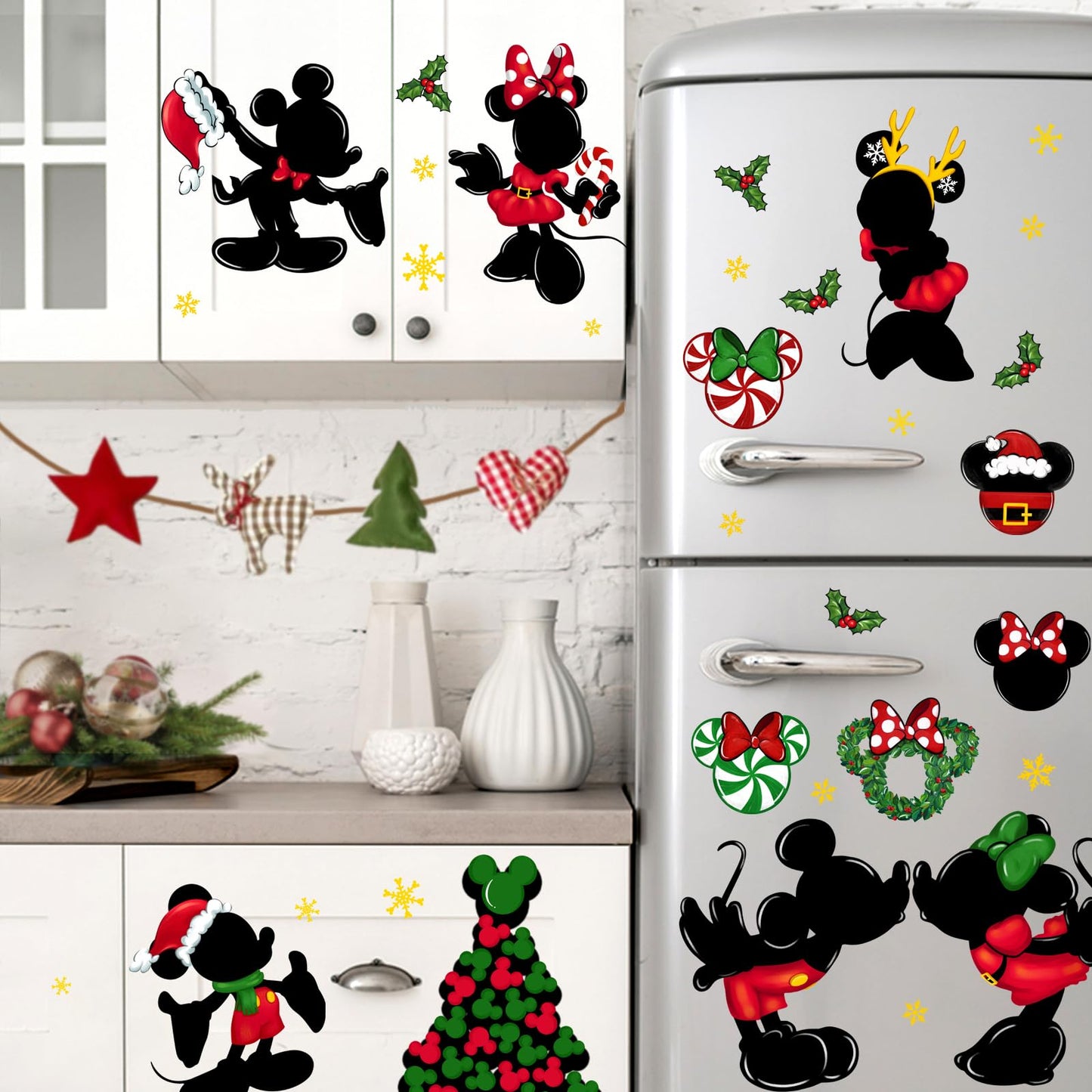 Yovkky Merry Christmas Window Clings, 2026 New Year Christmas Xmas Tree Green Red Stickers Decals Decor, Peppermint Candy Wreath Winter Snowflakes Holiday Party Home Kitchen Decorations