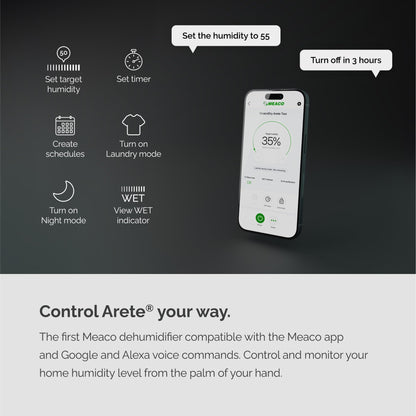 Meaco MeacoDry Arete® Two 12L Dehumidifier & HEPA H13 Air Purifier, Low Energy, Low Noise, Wi-Fi Meaco App, Smart humidity mode, removes moisture in homes and flats, 5x year warranty