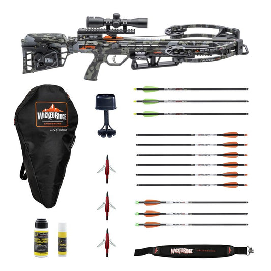 Wicked Ridge Invader M1 De-Cock Crossbow with Scope Bundle with Soft Case, Alpha-Nock Carbon Arrow, Alpha-Blaze Lighted Carbon Arrows, Neoprene Sling, Conditioner, and Premium Lubricant (7 Items)