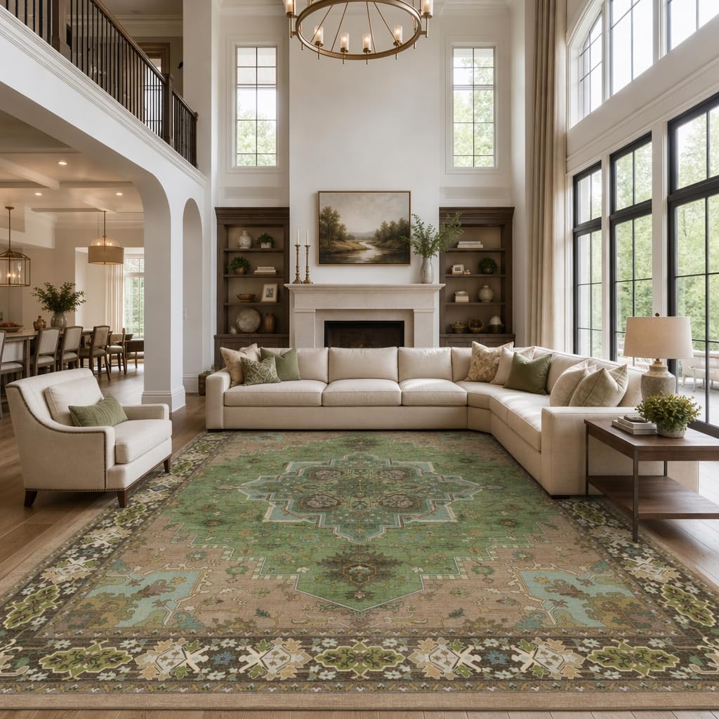 AMADA HOMEFURNISHING 9x12 Area Rug for Living Room, Vintage Washable Area Rug Low-Pile & Non-Slip Carpet for Bedroom Dining Room Nursery Home Office, Green