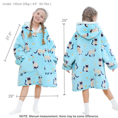 Kipswiza Siamese Cat Wearable Blanket Hoodie for Kids - Oversized Sherpa Fleece Hooded Sweatshirt, Cozy Gift for Girls Boys 6-13 (4'3"-4'11"), Cat Print, Light Blue