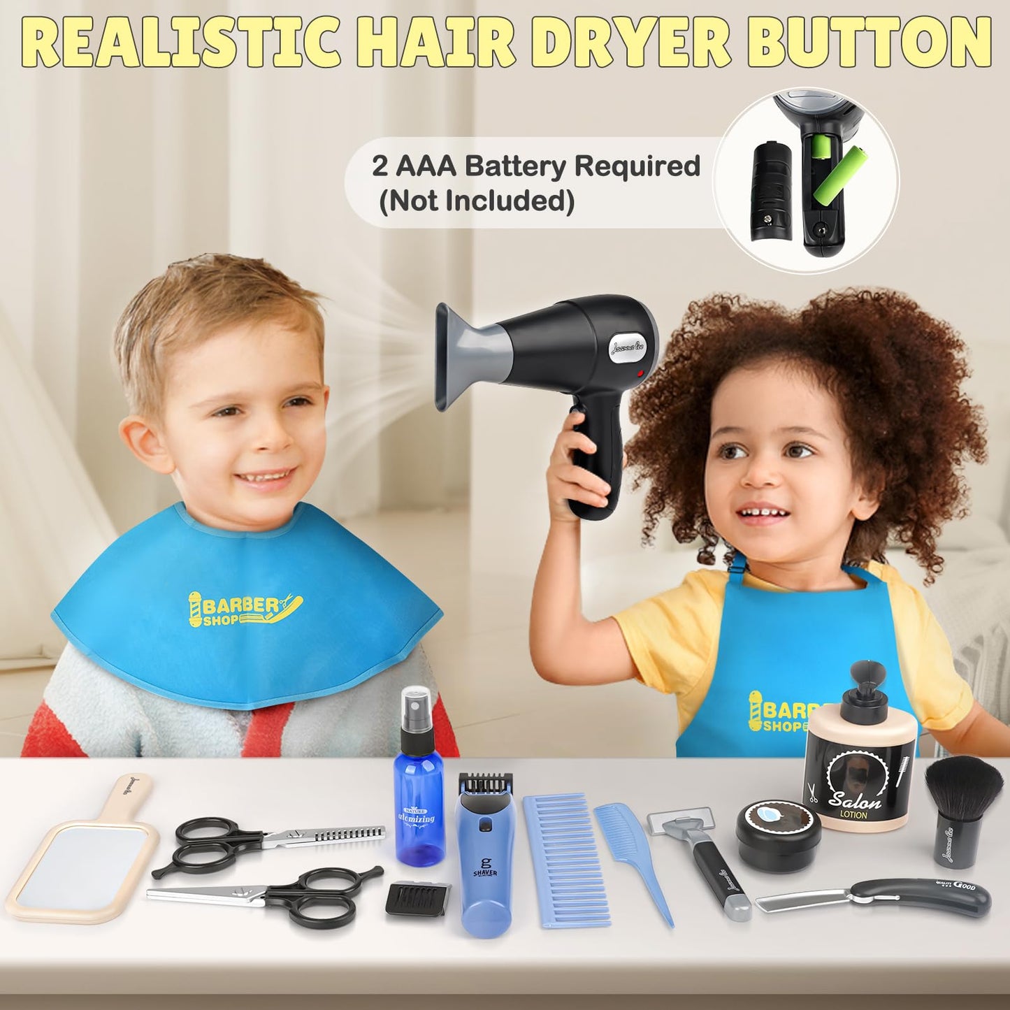 Barber Shop Pretend Play Toy, Kids Hair Salon Toys, Kids Shaving Kit for Boys Ages 3+ with Blow Dryer, Electric Shaver Toys, Tool Bag and Stylist Shave Barber Accessories for Role Play (Black)
