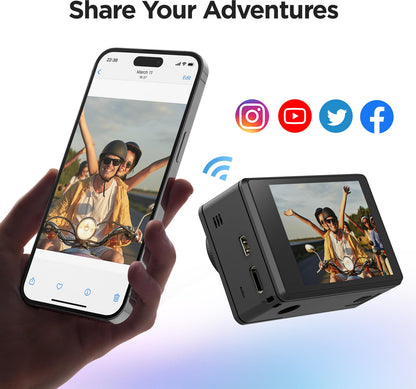 TIMNUT 4K Action Camera Touchscreen - Dual Screen Ultra HD EIS WiFi Sports Camcorder, 40M Waterproof, 170 Wide Angle Vlog Camera, 20MP Underwater with Remote Control and 2 Batteries