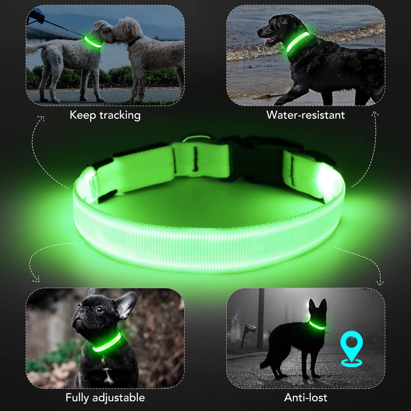 KOSKILL Light-Up Dog Collar, Rechargeable USB Collar, Waterproof, Luminous LED Collar, Adjustable, Super Bright, for Medium/Large Dogs, Green, M