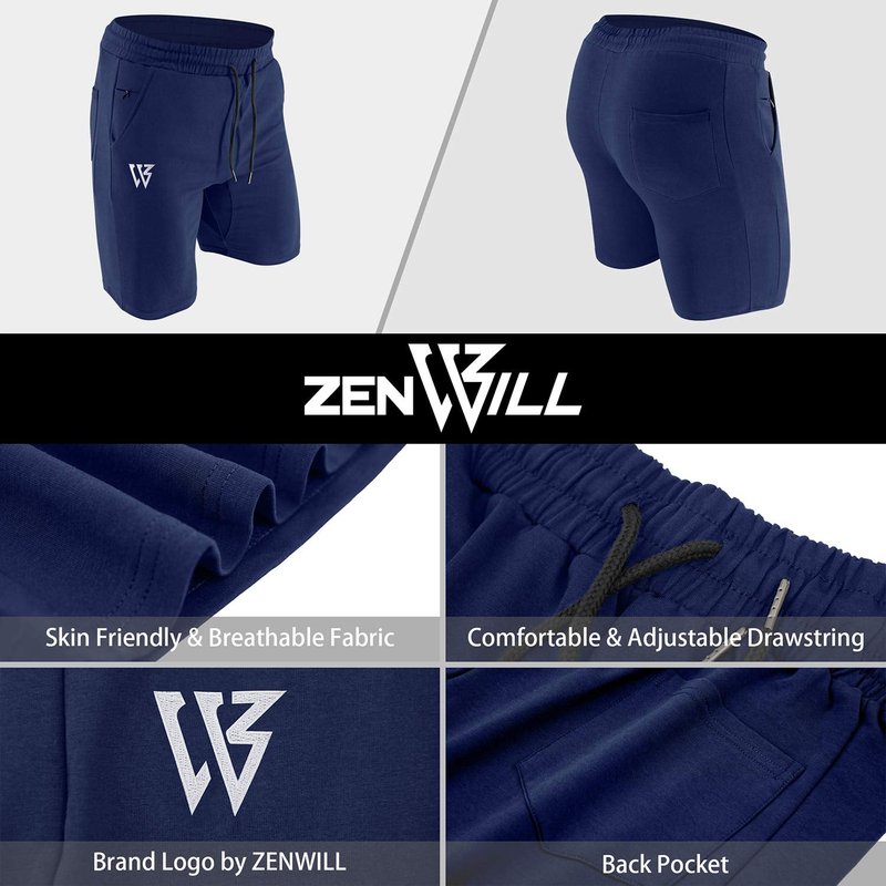 ZENWILL Mens Gym Running Shorts, Workout Athletic Bodybuilding Fitness Shorts with Zip Pockets (Small, Navy)