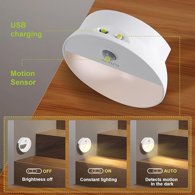 Rechargeable Battery Night Light, Motion Sensor Night Light, LED Warm White Magnetic Stick-on Motion Sensored Hallway Light, with Dusk to Dawn Sensor for Stairs, Wall, Closet, Cabinet (6 Pack)