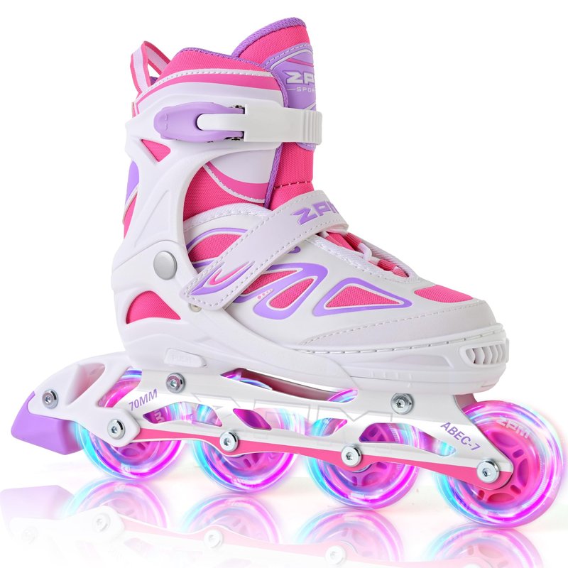 2PM SPORTS Vinal Inline Skates for Girls Boys Kids Ages 5-8 8-12 with Adjustable Illuminating Wheels, Inline Roller Skates for Youth Women Men - White Pink Large