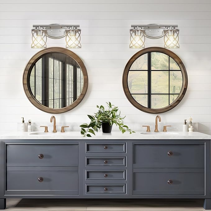 Mavcadonf Modern Vanity Lights - 2 Lights Over Mirror, Brushed Nickel with Cage Shade, Bathroom & Bedroom Wall Lamp