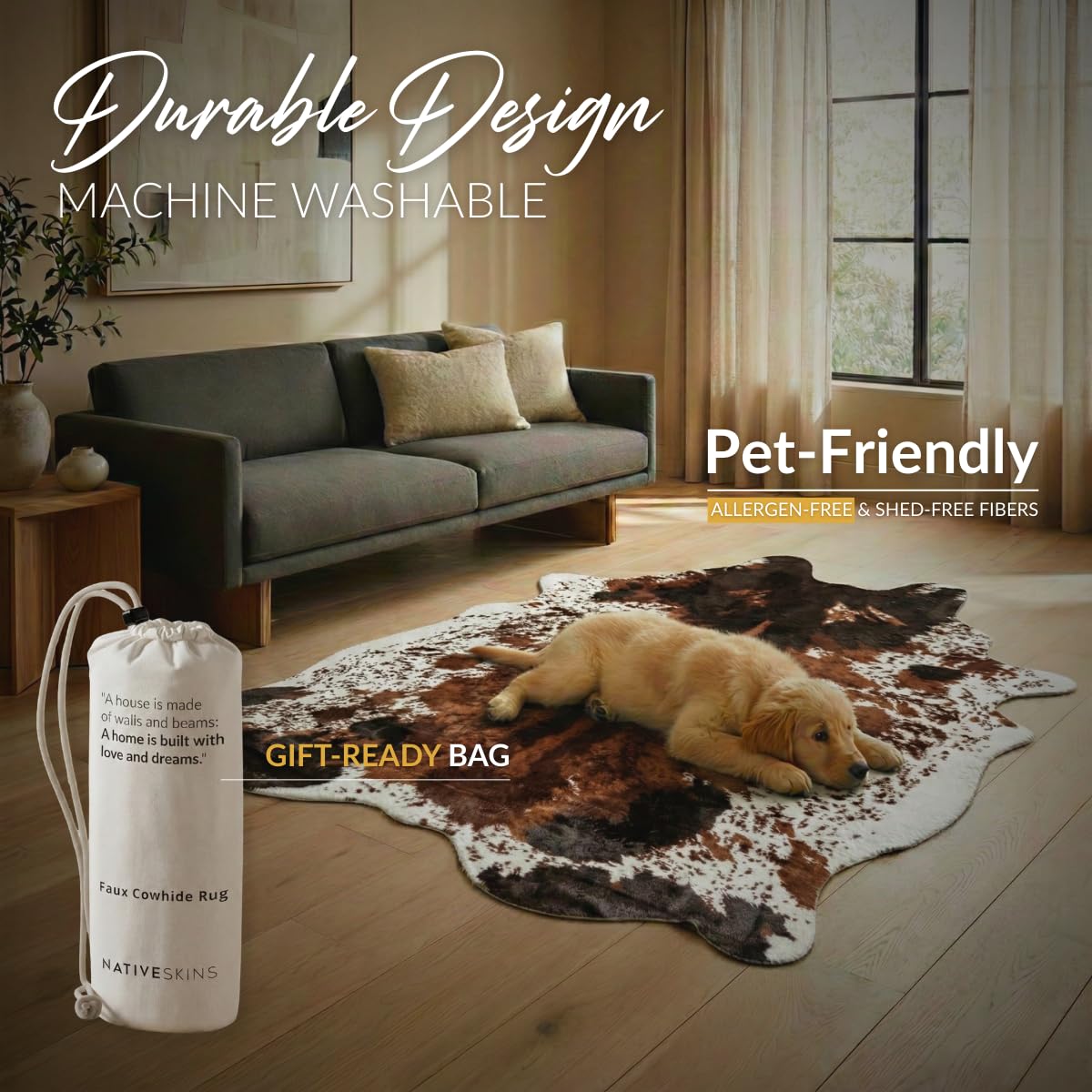 NativeSkins Faux Cowhide Rug 4'3" x 5'7" – Brown Cow Print Area Rug for Living Room & Bedroom – Non-Shedding, Flat-Lay, Pet-Friendly – Faux Suede Grip Backing – Vegan Western Farmhouse Decor