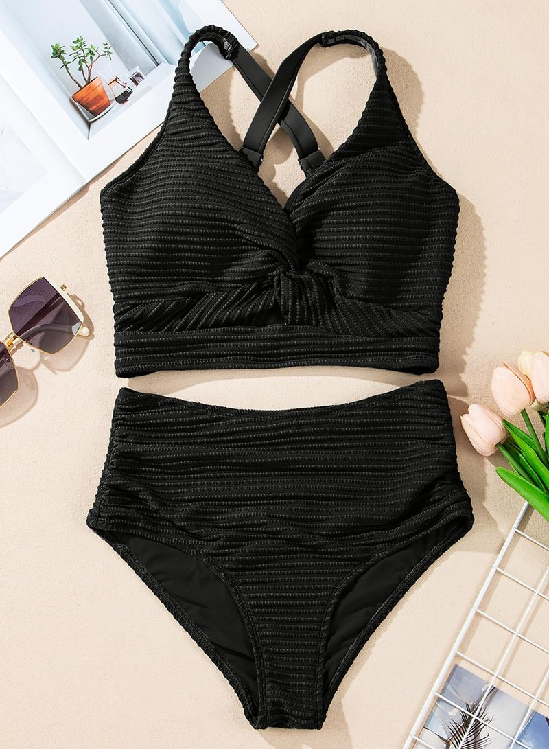 Herseas Black Textured Bikini Sets for Women Twist Front Push Up Top Swim Suits 2026 Summer High Waisted 2 Piece Girls Bathing Suits Flattering Beach Vacation Outfits Medium