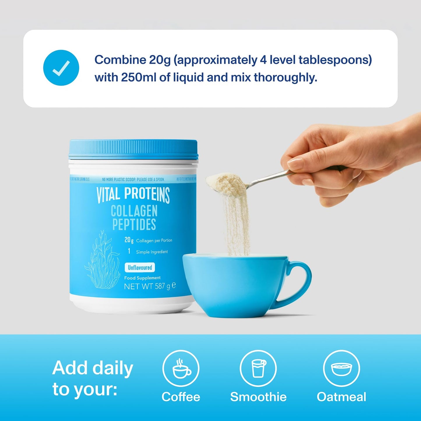 Vital Proteins Collagen Peptides Powder Supplement (Type I, III), Unflavoured Hydrolyzed Collagen-Hair, Skin, Nail Support Supplement, Paleo, Gluten Free, Non-GMO, 20g per Serving 587g Canister, 1Pack