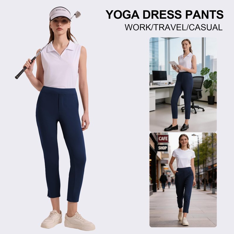 QBK Women's Petite Ankle Pants - 25"/27" Stretchy Business Casual Slacks, Pull On Work Dress Pants with Pockets for Travel, Golf & Yoga(Navy,M,25" Inseam)
