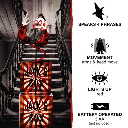 Haunted Hill Farm Life-Size Talking Clown Jack in The Box, Halloween Animatronic with Motion and Touch Activated Lights and Sounds, Battery Operated Indoor or Covered Outdoor Halloween Decorations