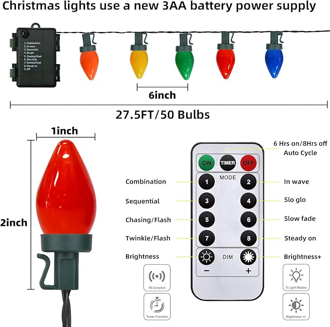 27.5Ft C7 LED Battery Operated Christmas Lights Outdoor with Timer, 8 Mode Twinkle Multicolor Christmas Tree Lights Indoor Outdoor Waterproof for Light up Christmas Tree Home Yard Decor, 50 LED Bulbs