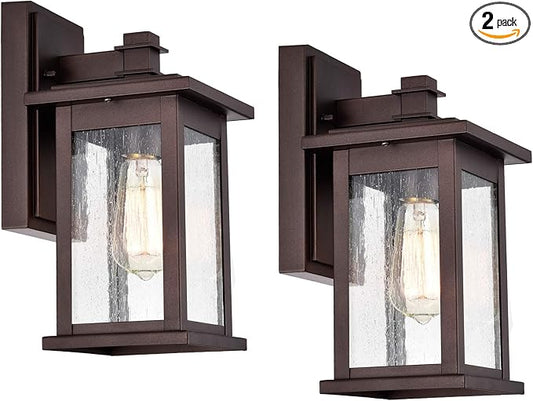 MICSIU 2 Pack Oil Rubbed Bronze Outdoor Light Fixtures, 12 Inch Exterior Wall Lighting with Clear Seedy Glass Shades, Waterproof Outside Light Fixtures for House, Porch, Entryway, Patio, Garage