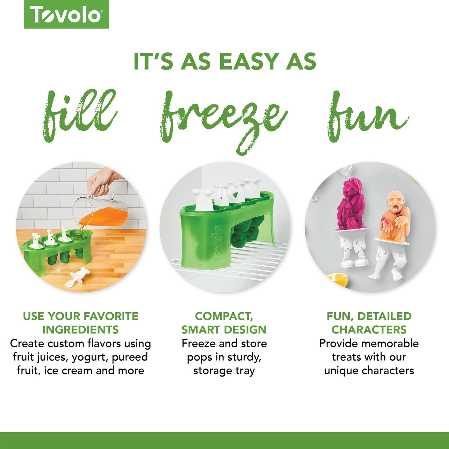 Tovolo Zombie Ice Pop Mold Set of 4 Silicone Halloween Popsicle Molds with Skeleton Sticks, Dishwasher Safe Spooky Zombie Popsicle Molds for Halloween Treats, BPA Free Food Safe Reusable Silicone Mold