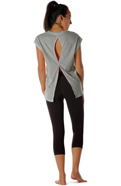icyzone Open Back Workout Top Shirts - Yoga t-Shirts Activewear Exercise Tops for Women(Pack of 2) (S, Grey/Denim)