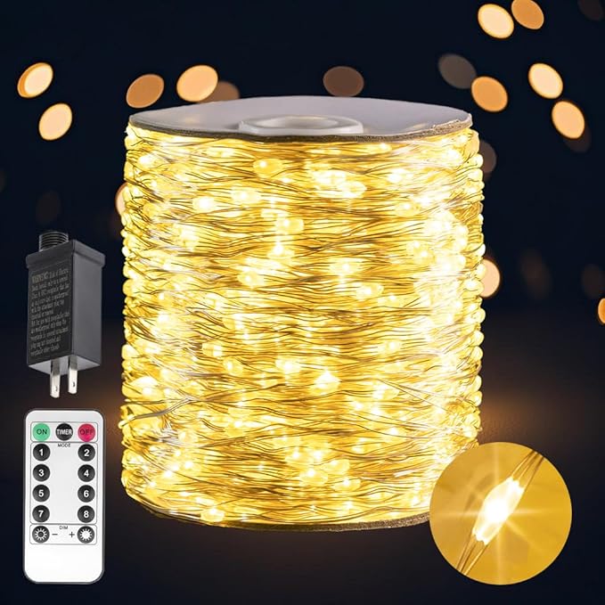 Long Warm White 525Ft Plug in Fairy Lights Silver Wire 1600LEDs, 8 Modes, Waterproof, Remote - Controlled for Bedroom, Garden, Party, Christmas, Wedding & Birthday Decor, Indoor & Outdoor Use