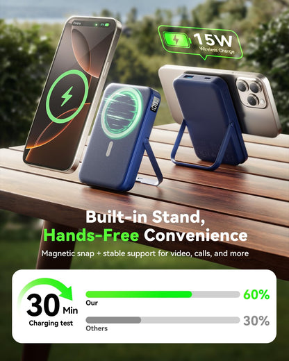for Magsafe Battery Pack 10000mAh Power Bank with Foldable Stand Portable Charger,PD 22.5W Fast Charge,Travel Essential Wireless Charger for iPhone 17/16/15/14/13/12 Series–Black