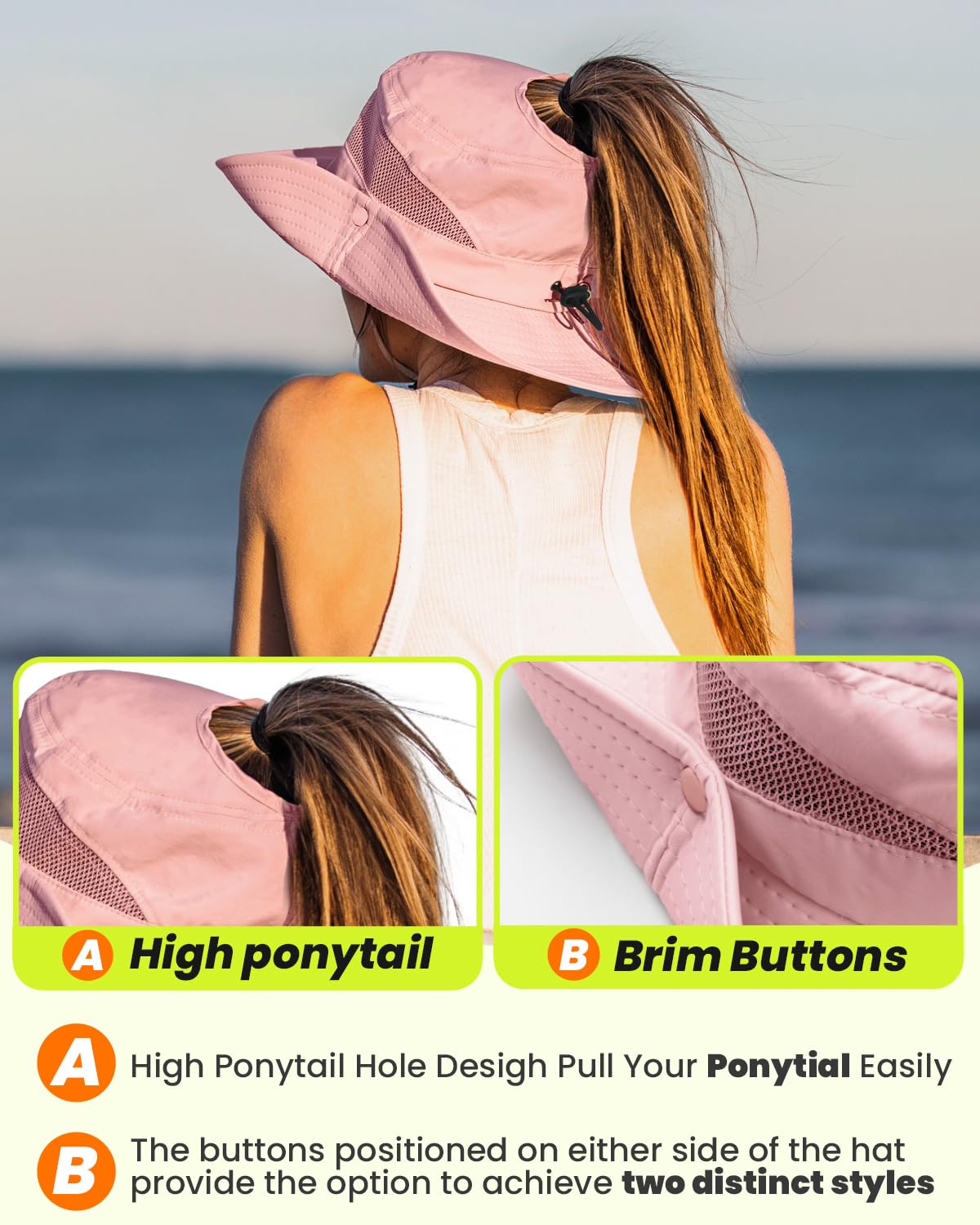 Beach Sun Hats for Women UV Protection with High Ponytail Hole UPF 50+ Fishing Safari Garden Hiking Hat Women Water Resistant Packable Sun Hat Pink