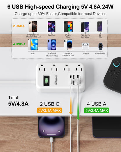 6 USB(2 USB C) Purple Travel Power Strip- 5Ft Lavender Extension Cord with 24W USB Charging Station and 4 Outlets, Purple Desk Accessories with Surge Protector for Cute Kawaii Office Dorm Room