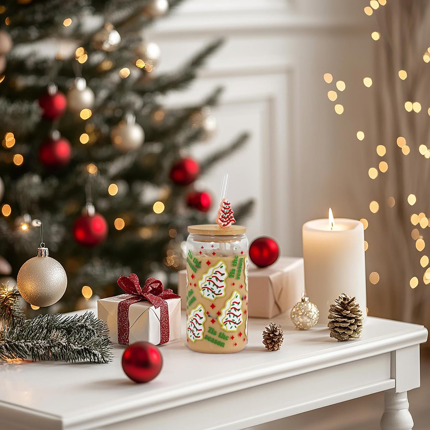 Joyseller Christmas Gift Glass Cup, Christmas Iced Coffee Tumbler with Festive Holiday Tree Cakes Design, 18oz Reusable Beer Can Drinking Glass for Holiday Tea & Winter Beverages