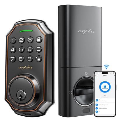 Arpha Keyless Entry Door Lock, WiFi Smart Keypad Front Door Deadbolt, Supports Amazon Alexa Voice Control, Google Assistant, Online App Control, Anti-Peeping Password, One-Time Code, Auto Lock