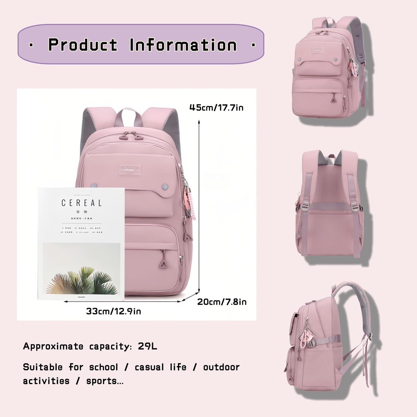 Solid Color School-Bags Backpacks for Teens Girls, Multi-pocket Elementary Girls Bookbags,Lightweight Casual Daypack