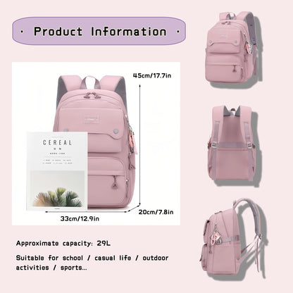 Solid Color School-Bags Backpacks for Teens Girls, Multi-pocket Elementary Girls Bookbags,Lightweight Casual Daypack