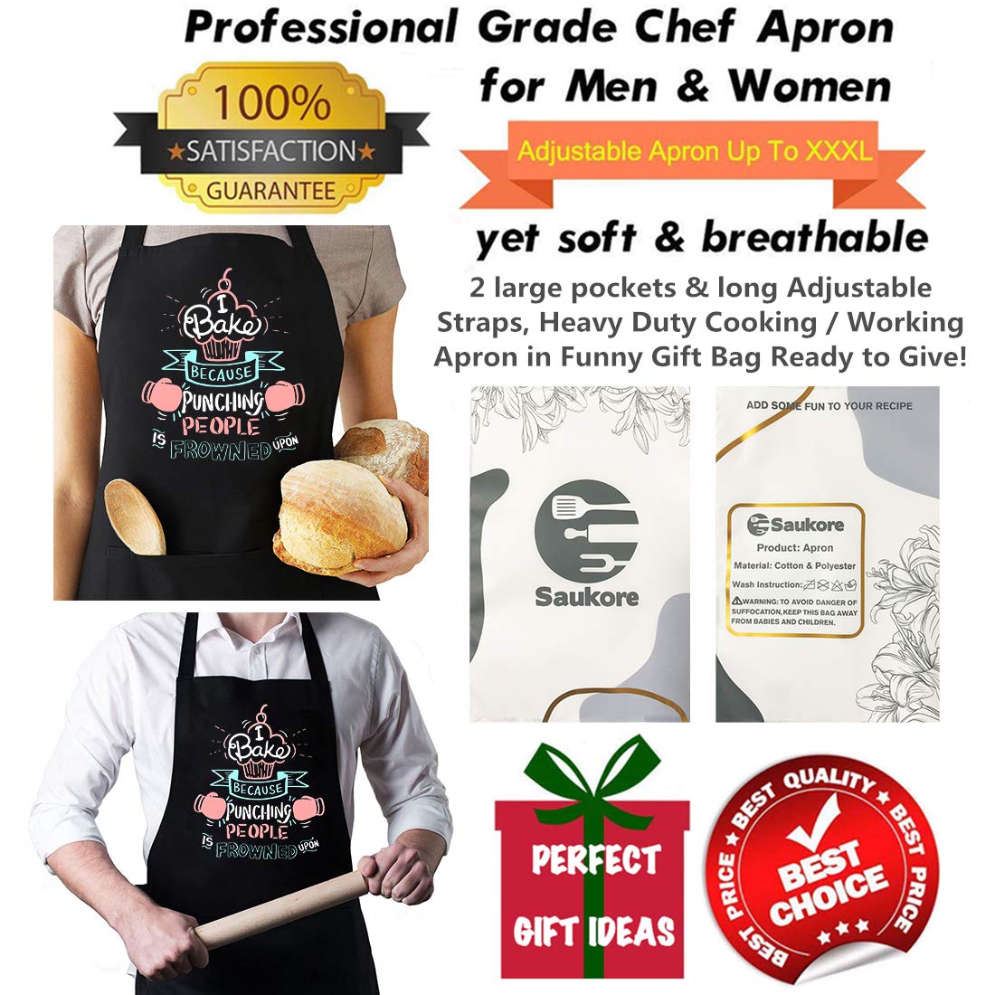 Saukore Funny Baking Aprons for Women Men, Cute Baking Gifts for Bakers, Kitchen Cooking Aprons with 2 Pockets, Birthday Thanksgiving Christmas Apron Gift for Wife Mom Sister Daughter Grandma