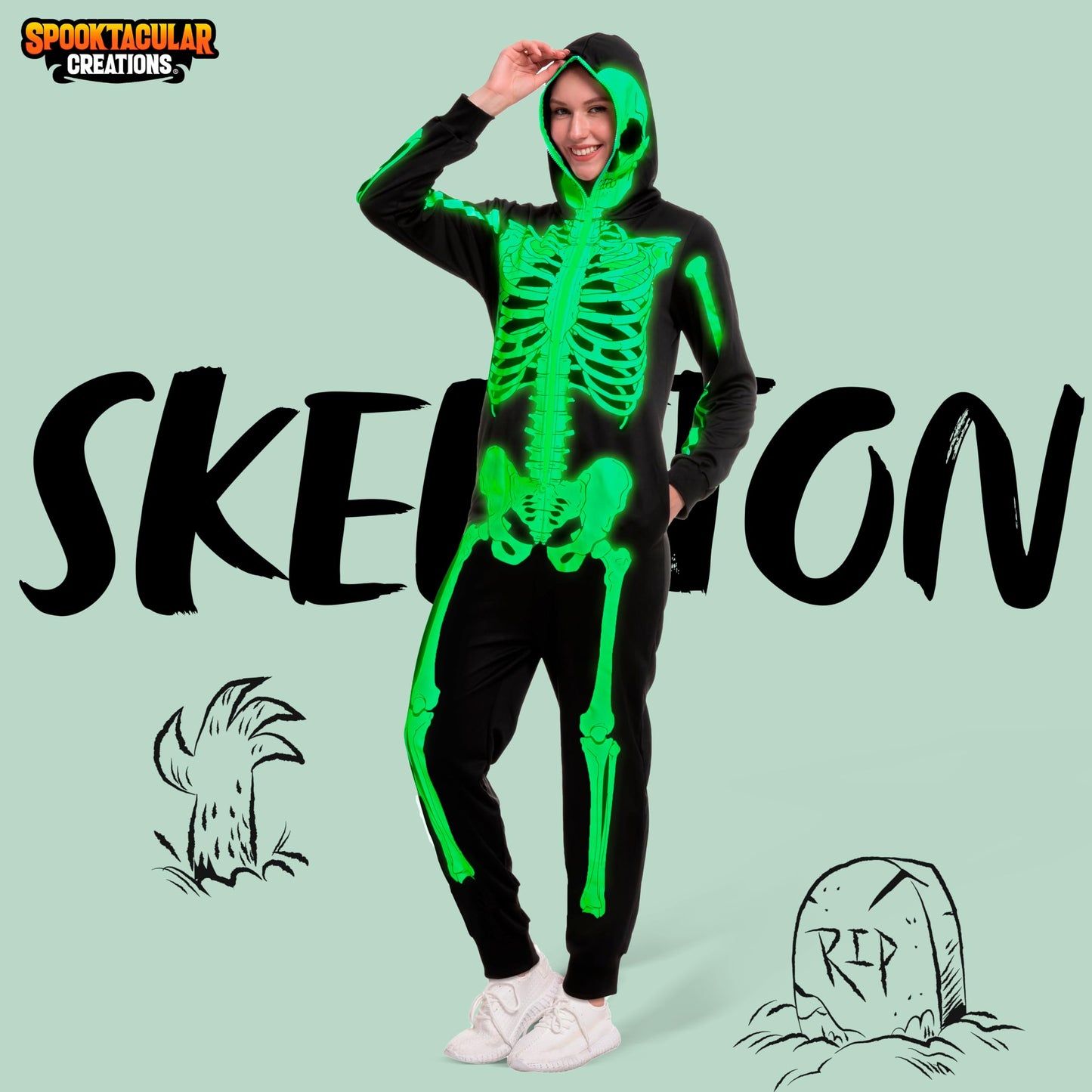 Spooktacular Creations Skeleton Costume Adult Women, Glow in the Dark Costume, Plush Skeleton Pajama Zippered Hoodie for Halloween Dress Up Parties-M