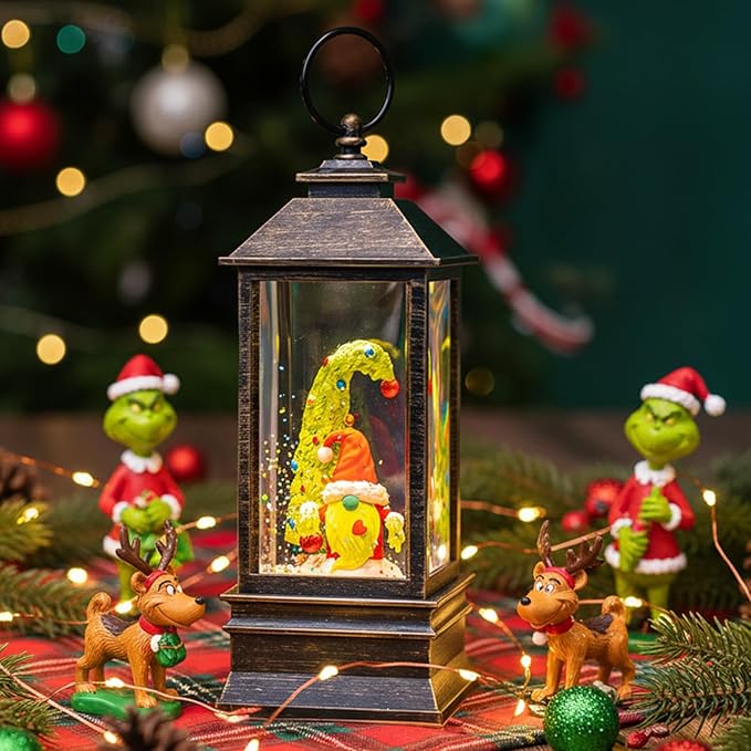 Christmas Snow Globe Lantern Water Glittering Xmas Gnome with Music, USB Lined/Battery Operated Lighted Lantern for Christmas Festival Decoration Gifts
