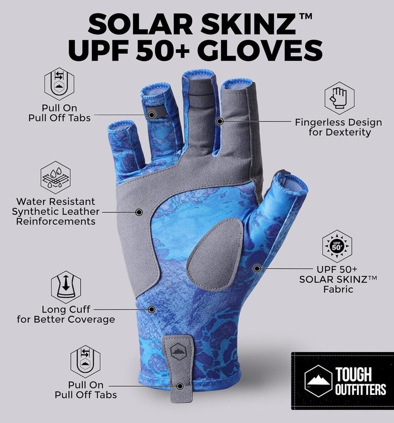 Tough Outdoors UPF 50+ Fishing Gloves - Sun Protection Kayaking Gloves for Men & Women - Lightweight Fingerless SPF Gloves for Watersports - Navy Blue