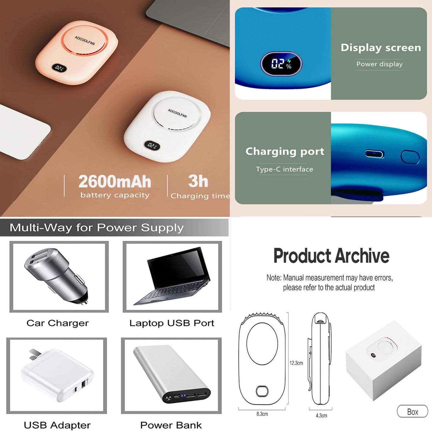 AOCOOLFAN Portable Neck Fan, Mini Small Personal Handheld Fan USB Rechargeable 3 Speed for Girls Boys Woman Eyelash Travel Home Office Outdoor (Blue)