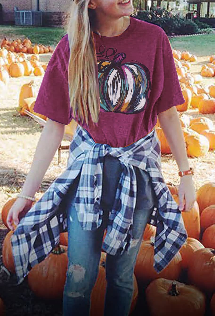 Halloween Pumpkin Shirt Women Fall Graphic Tees Short Sleeve Autumn T-Shirt Thanksgiving Gift Tops (Purple 2, L)