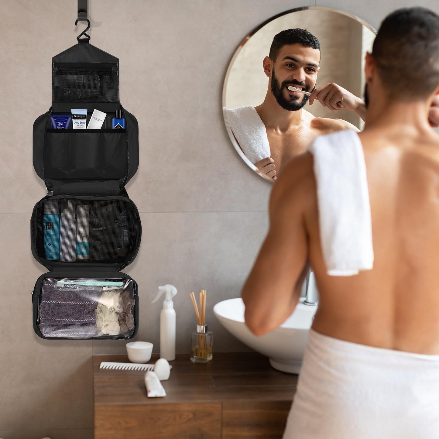 homchen Hanging Travel Toiletry Bag, Waterproof Folding Portable Cosmetic Wash Bag for Men and Women (M, Black02)