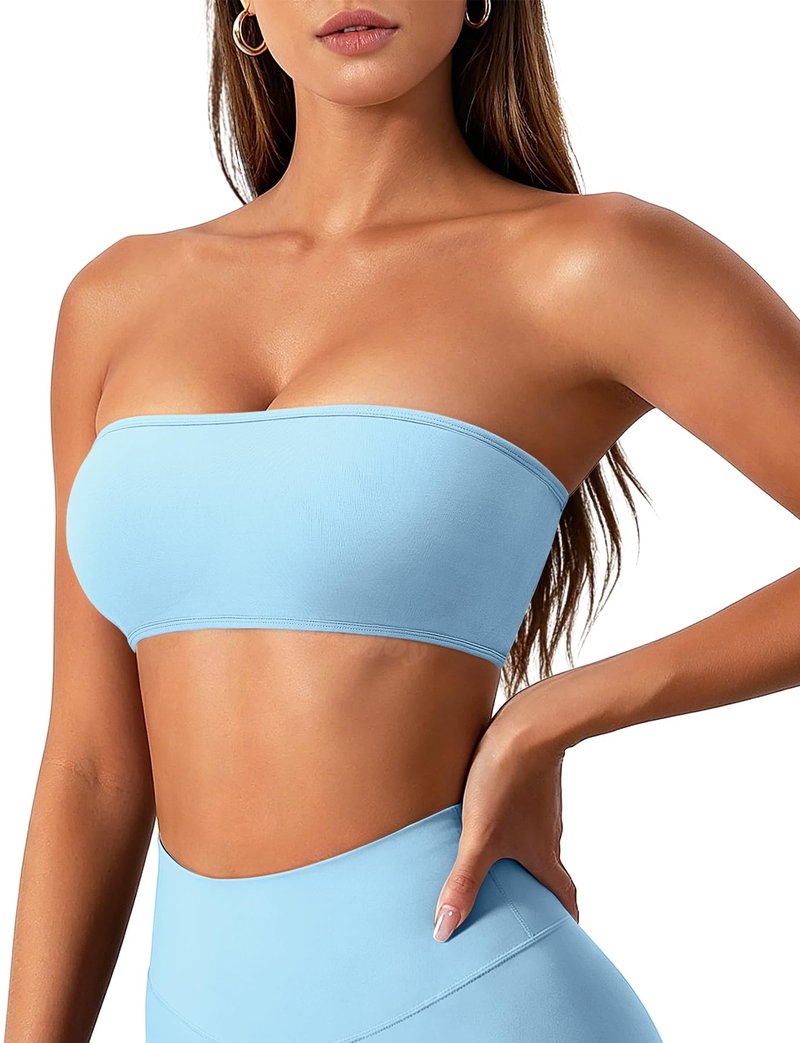 VOYJOY Impact Backless Bandeau Bra Workout Strapless Basic Tank Top Adjustable Back Bandeau Shirts Summer Going Out Tops Ice Blue