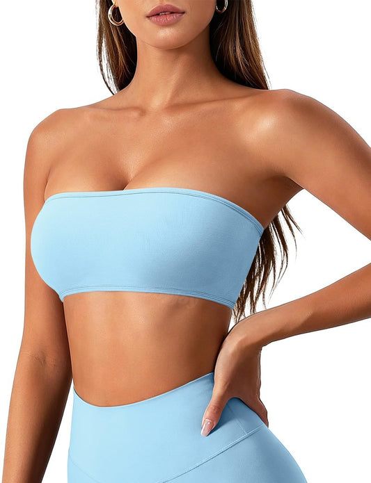 VOYJOY Impact Backless Bandeau Bra Workout Strapless Basic Tank Top Adjustable Back Bandeau Shirts Summer Going Out Tops Ice Blue